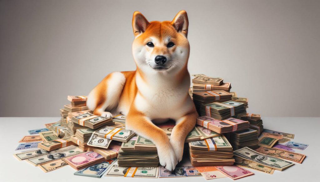 Shiba Inu assis avec des piles d'argent